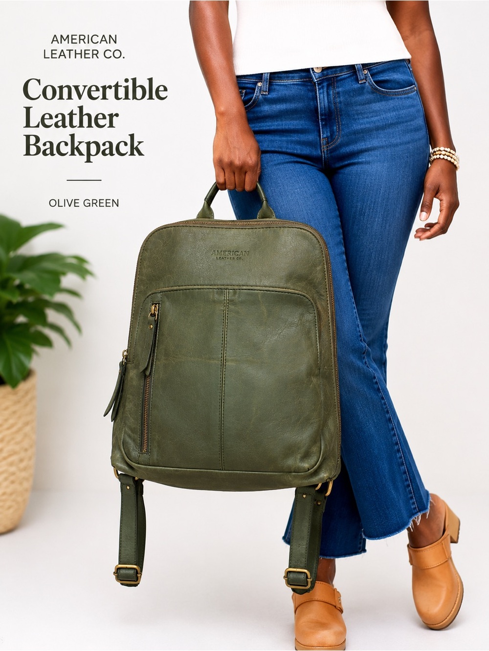 American Leather Co Olive Green Convertible Leather Backpack Soft Distressed